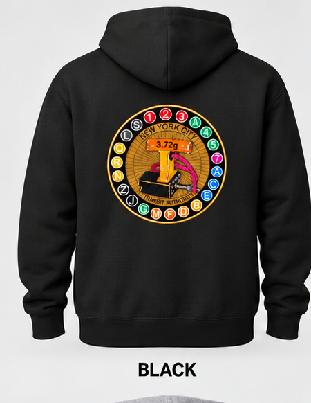 Black hoodie back with 11-inch embroidered transit patch (mockup)