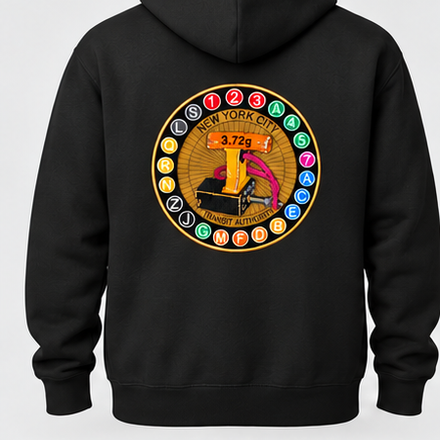 Black hoodie back with 11-inch embroidered transit patch (mockup)