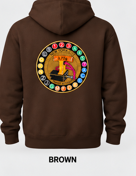 Brown hoodie back with 11-inch embroidered transit patch (mockup)