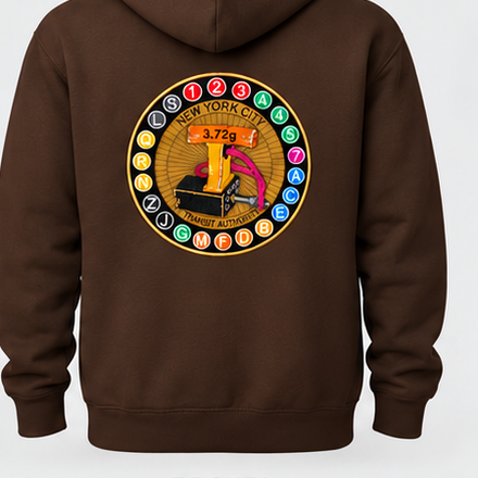 Brown hoodie back with 11-inch embroidered transit patch (mockup)