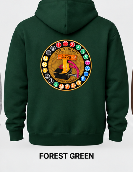 Forest Green hoodie back with 11-inch embroidered transit patch (mockup)