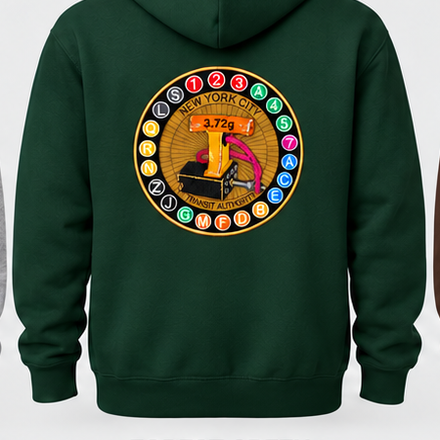 Forest Green hoodie back with 11-inch embroidered transit patch (mockup)