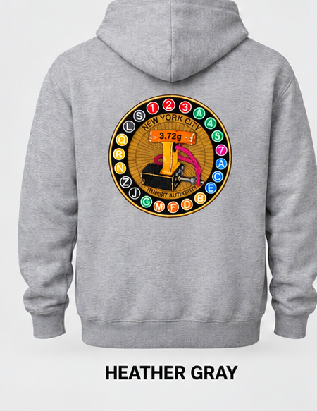 Heather Gray hoodie back with 11-inch embroidered transit patch (mockup)