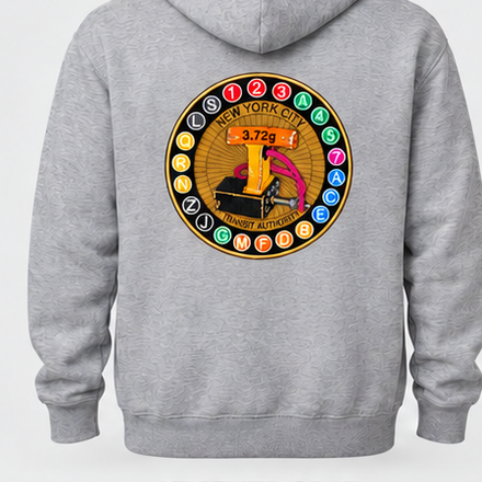 Heather Gray hoodie back with 11-inch embroidered transit patch (mockup)