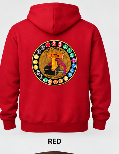 Red hoodie back with 11-inch embroidered transit patch (mockup)