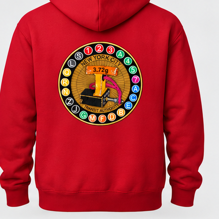Red hoodie back with 11-inch embroidered transit patch (mockup)