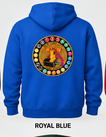Royal Blue hoodie back with 11-inch embroidered transit patch (mockup)