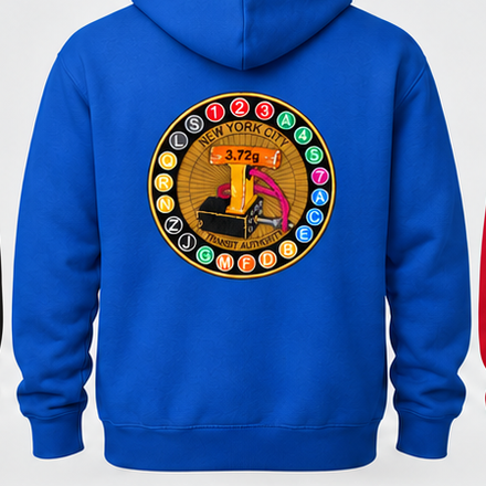 Royal Blue hoodie back with 11-inch embroidered transit patch (mockup)